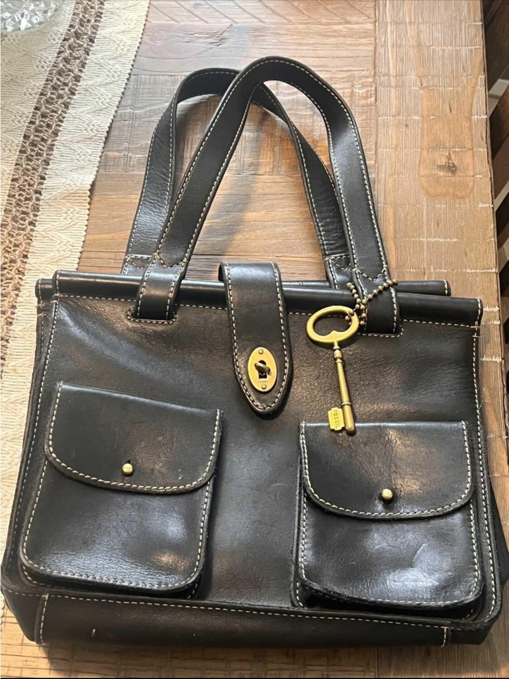 Fossil Long Live Vintage - Black Genuine Leather Handbag with Contrast Stitching
